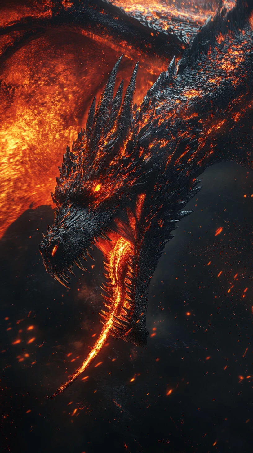 Dragão colossal avançando com presas em brasa e fogo