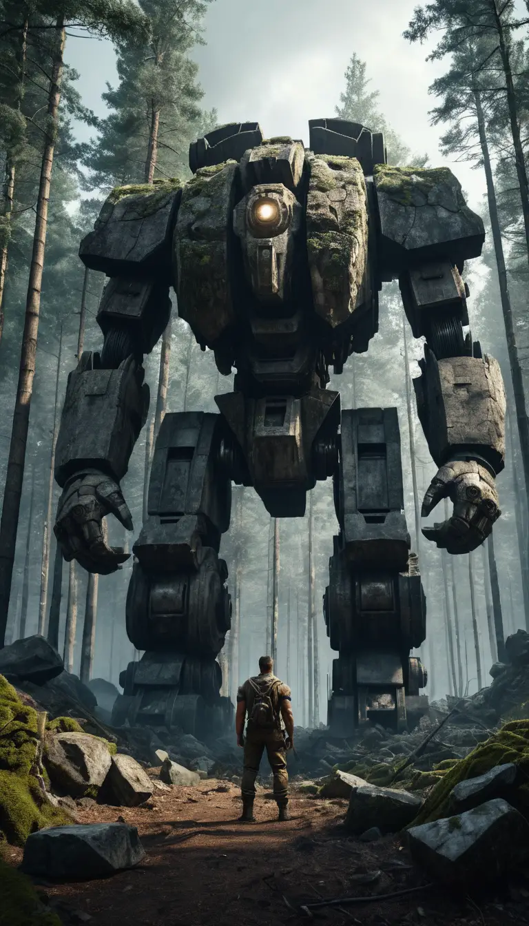 Gigantischer steinerner Wächter stellt sich Maschinen im tiefen Wald