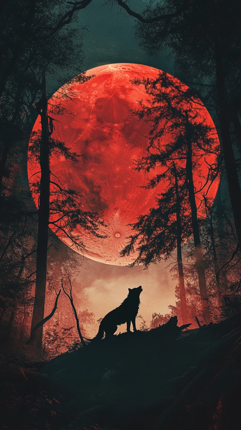 Silhueta circular surreal de lobo envolvendo um caçador solitário na floresta