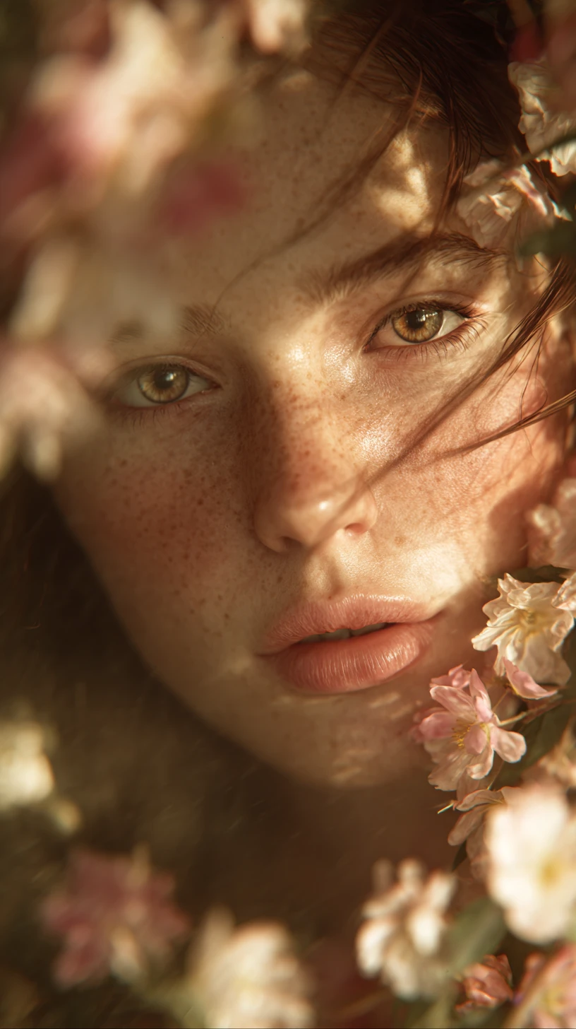 Donna tra rami fioriti nella calda luce naturale del sole