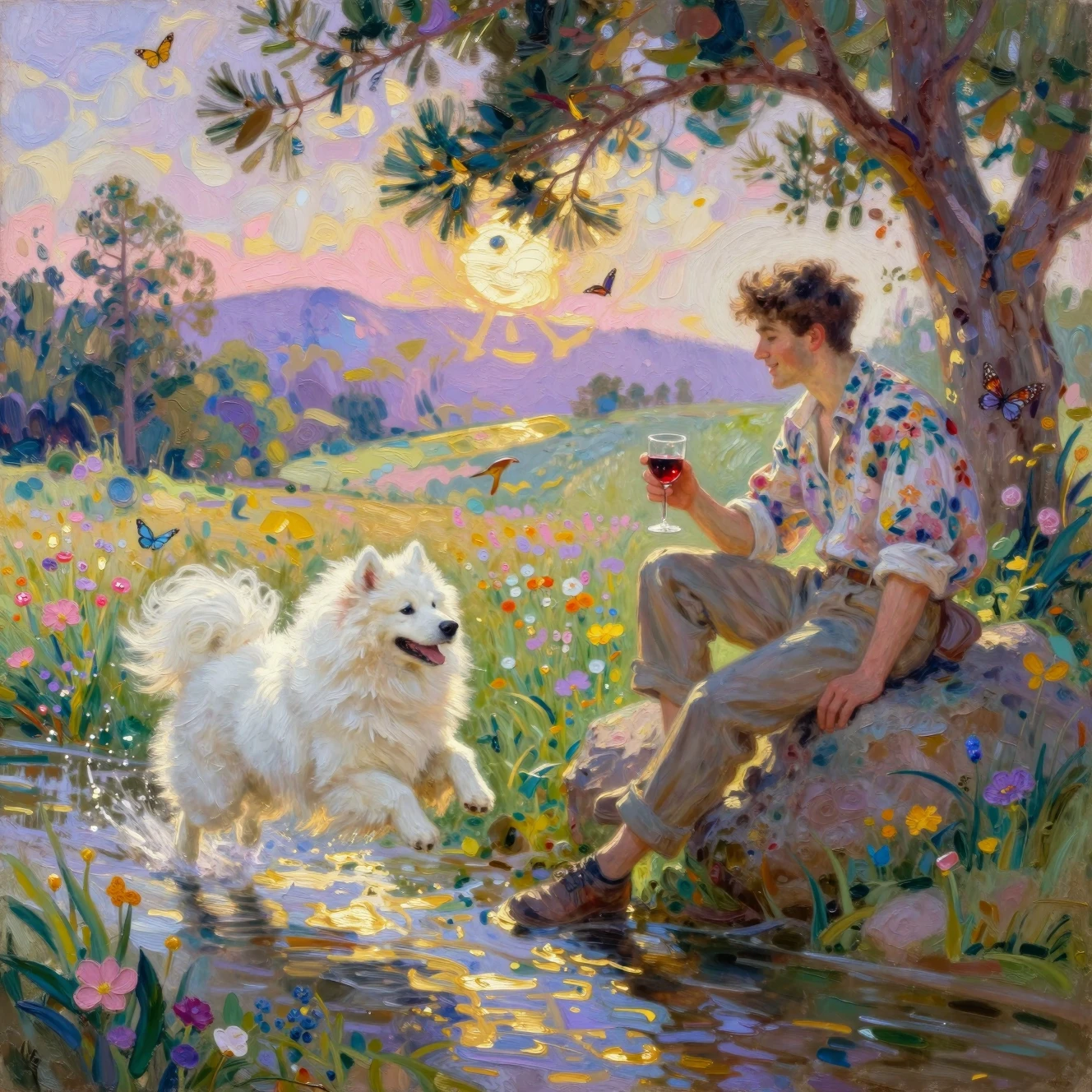 Jovem observando um cão saltando em um prado de primavera