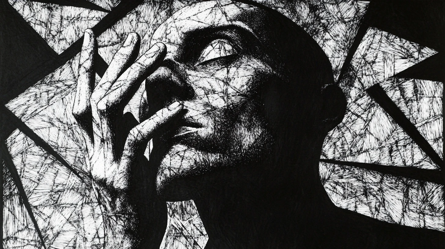 Portrait masculin émacié dans une composition surréaliste fragmentée à l’encre