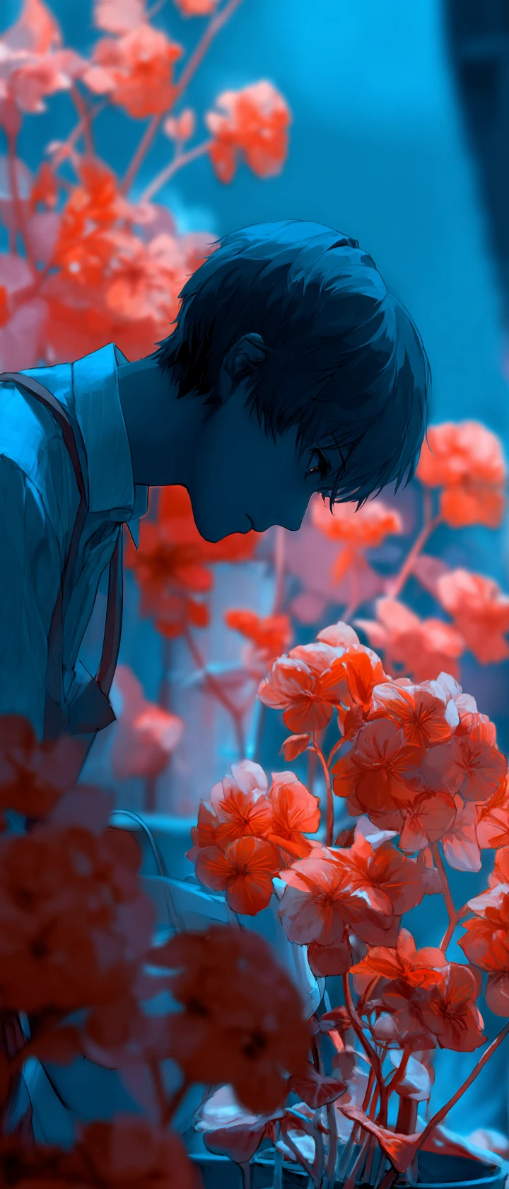 Fleuriste anime éveillant des fleurs lumineuses d’un doux toucher
