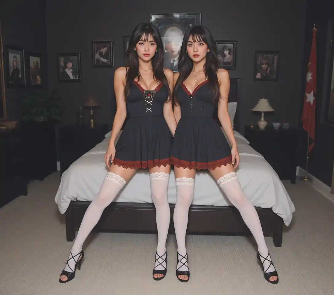 Two gothic girls in matching black dresses by a bed