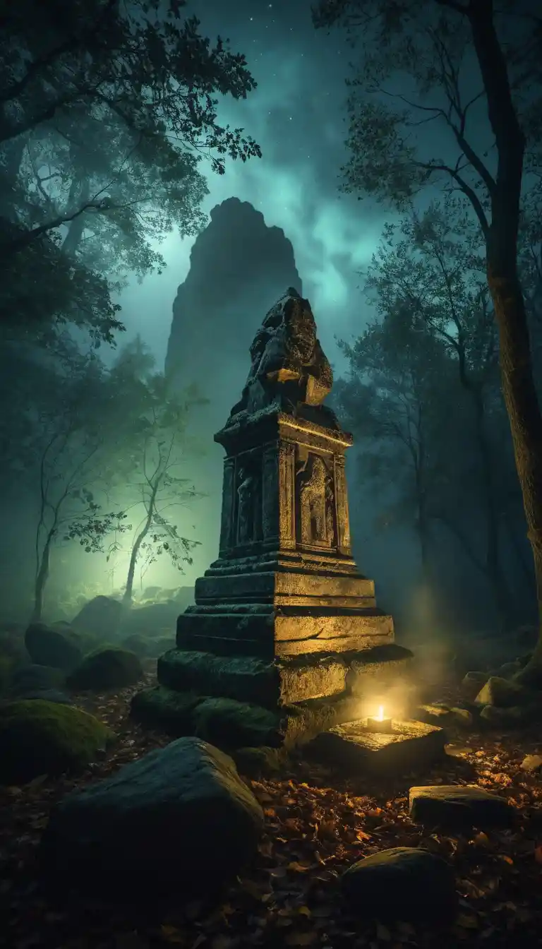 Foresta notturna misteriosa con antico guardiano di pietra