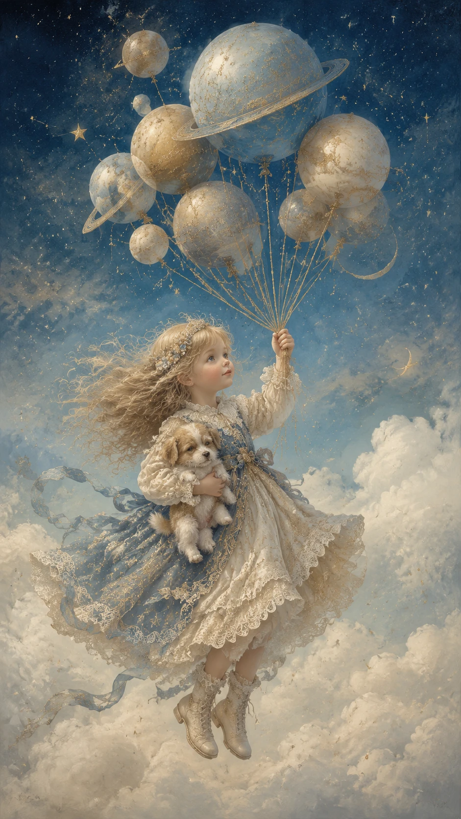Enfant flottant avec des ballons-planètes dans un ciel de rêve