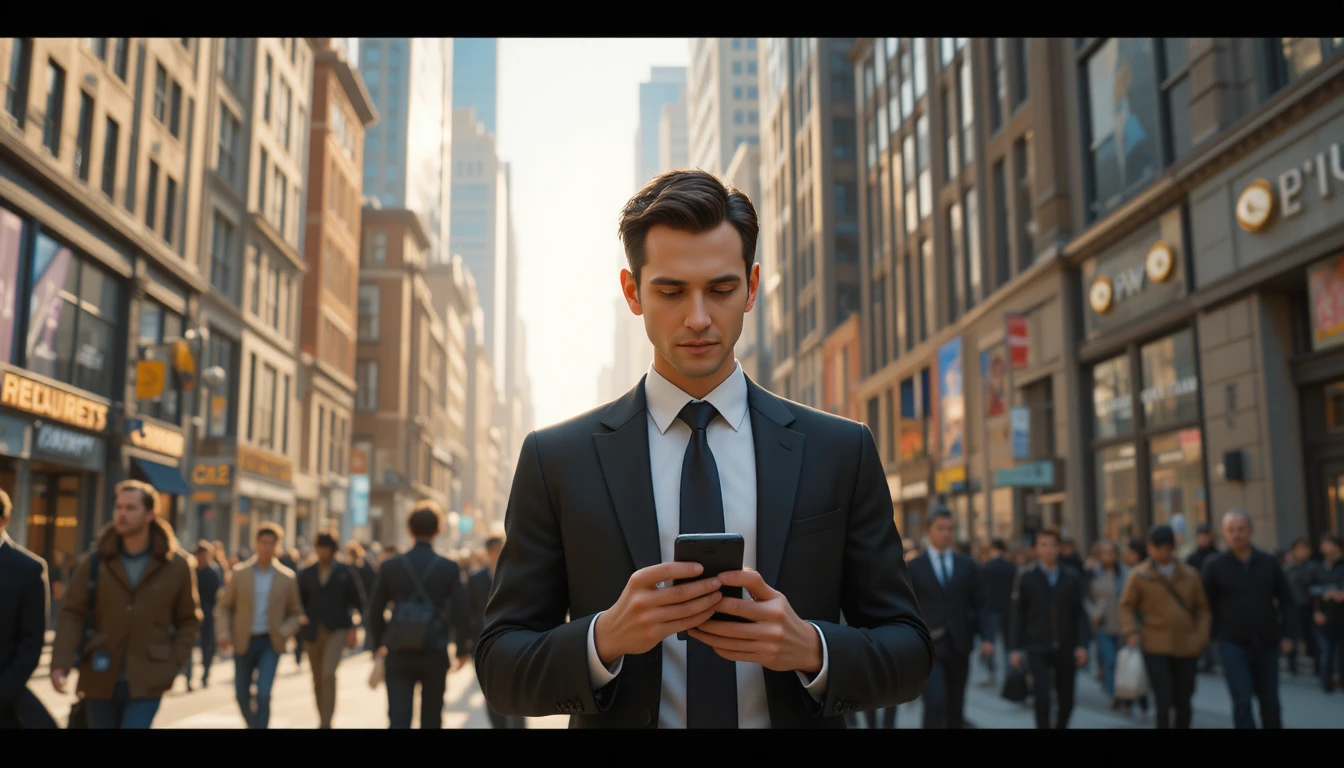 Empresário Caminhando com Smartphone em Rua Movimentada da Cidade