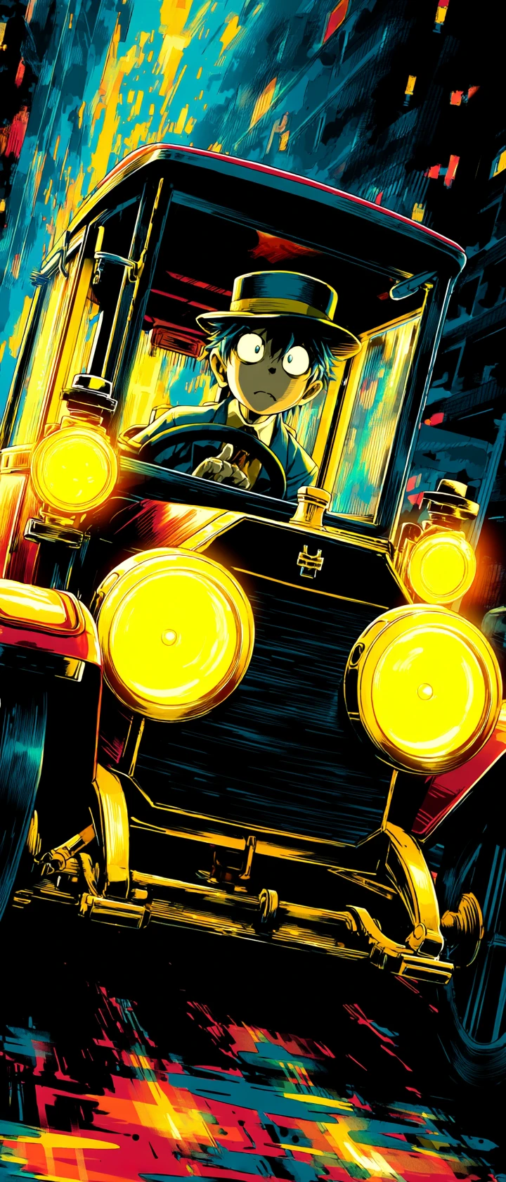 Motorista de táxi de anime estressado discutindo com um táxi de desenho animado senciente