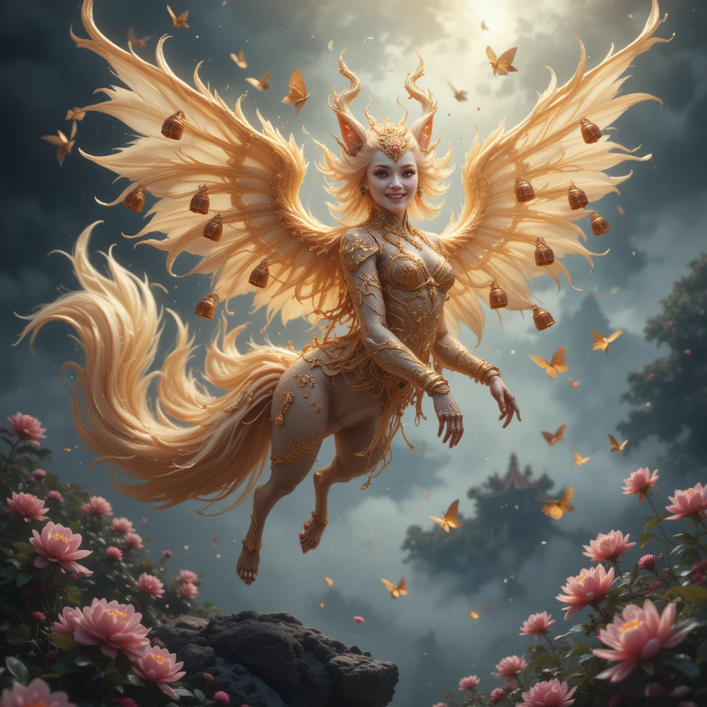 Volpe demone alata a nove code in un etereo cielo fantasy