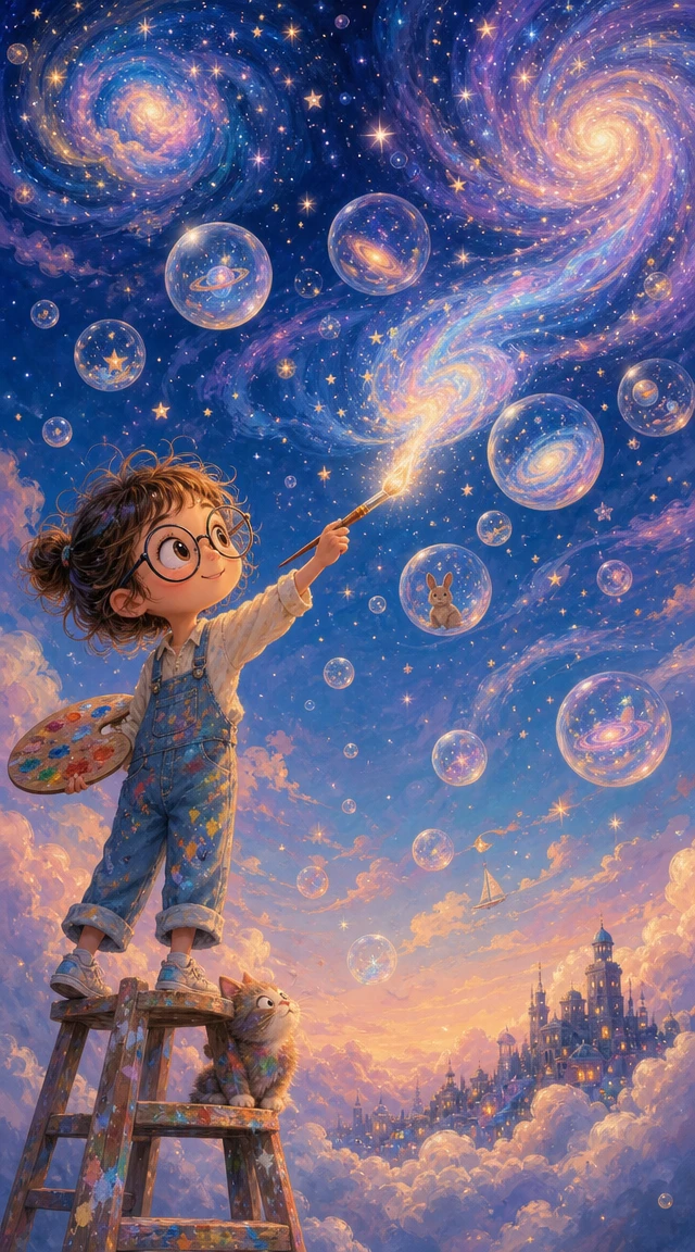 Bambino che dipinge un cielo cosmico luminoso con galassie vorticoshe