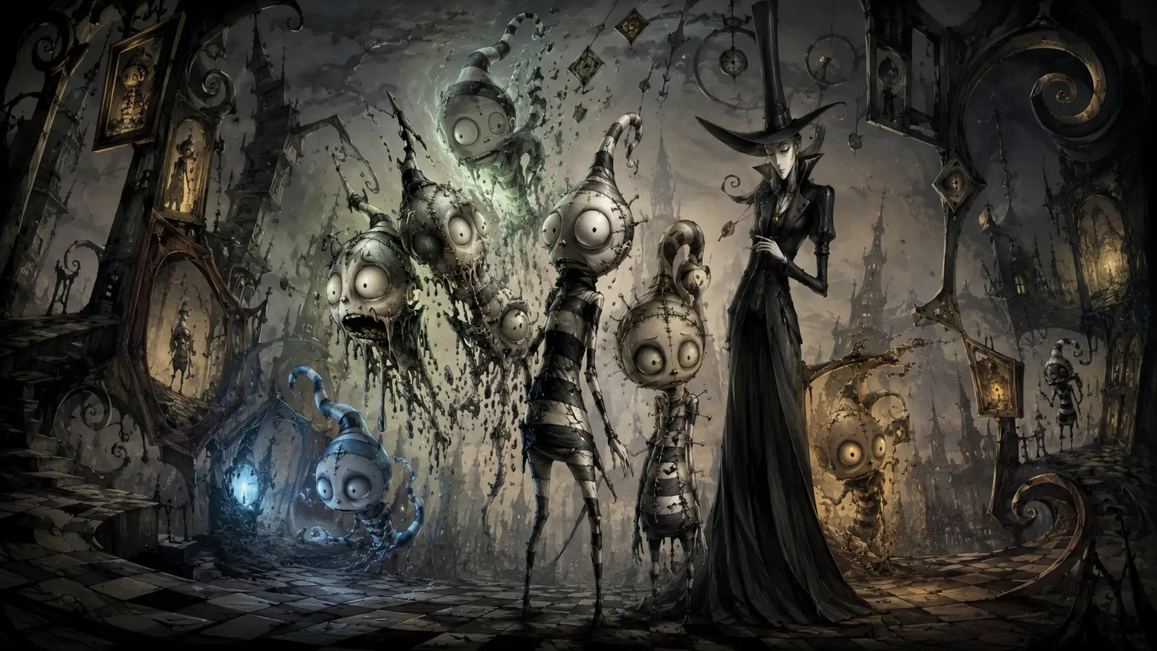 Striped creature splitting through fragmented surreal gothic space