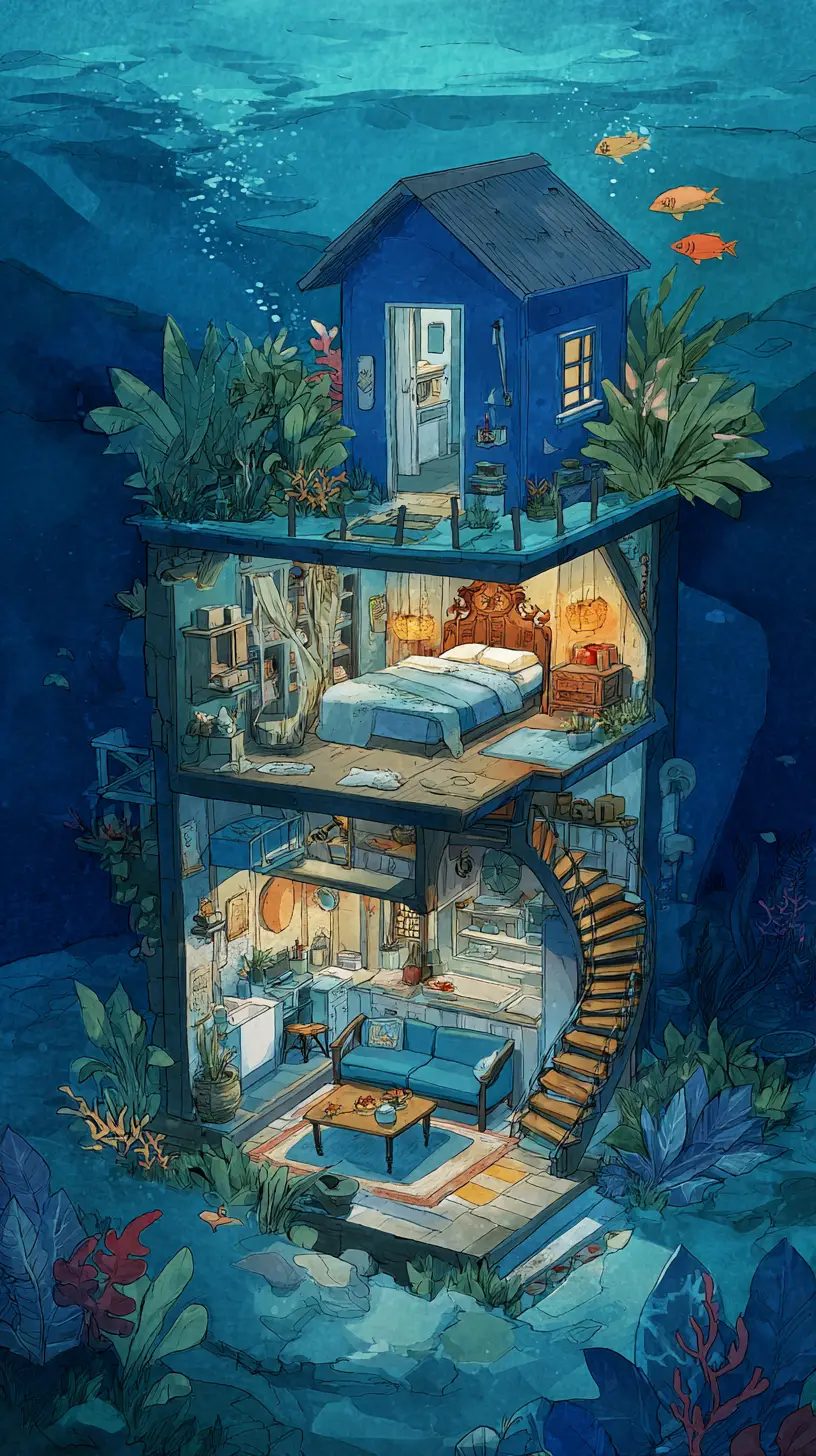 Coupe de maison sous-marine avec intérieur cosy sur trois étages