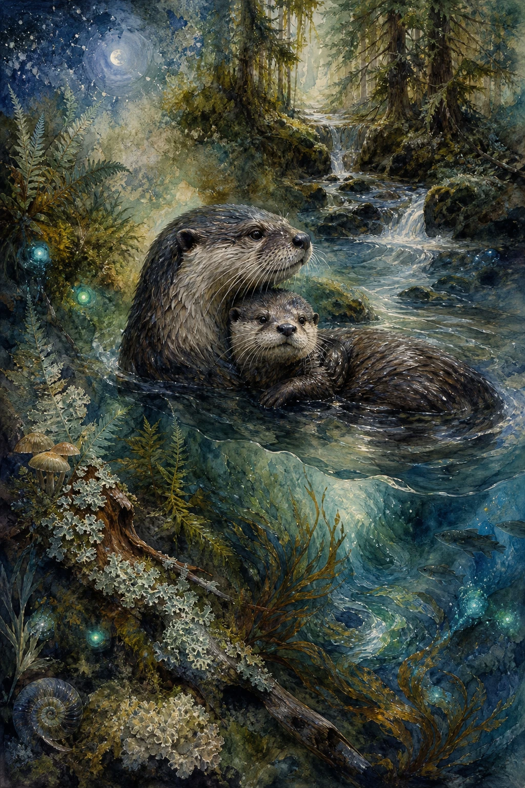Ottermutter mit Jungtier an einem leuchtenden Waldbach