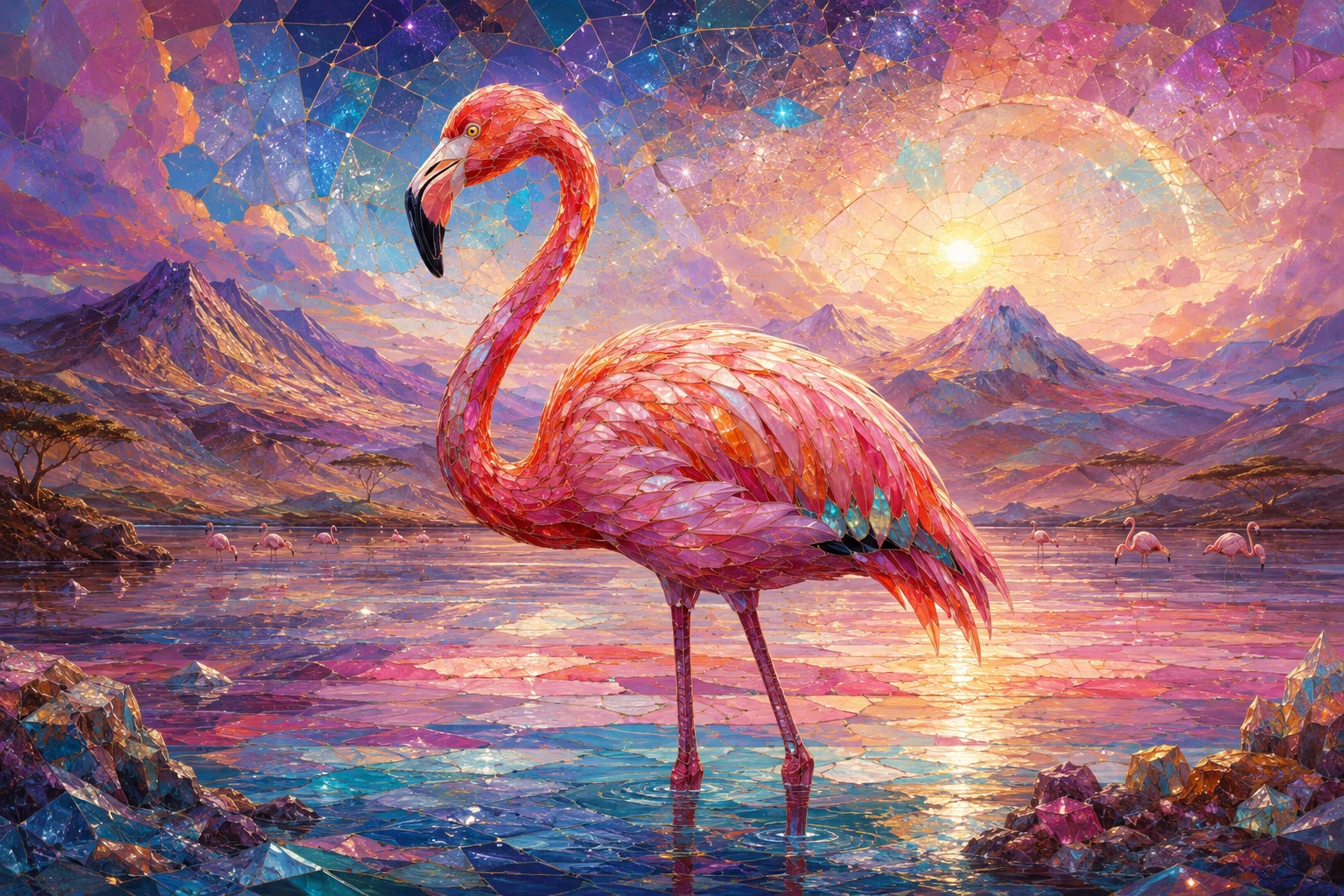 Flamingo em mosaico em um lago raso no vale do Rift africano