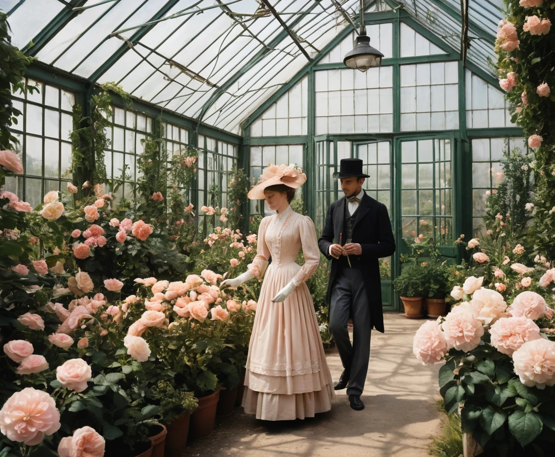 Casal elegante passeando por uma estufa vitoriana de flores