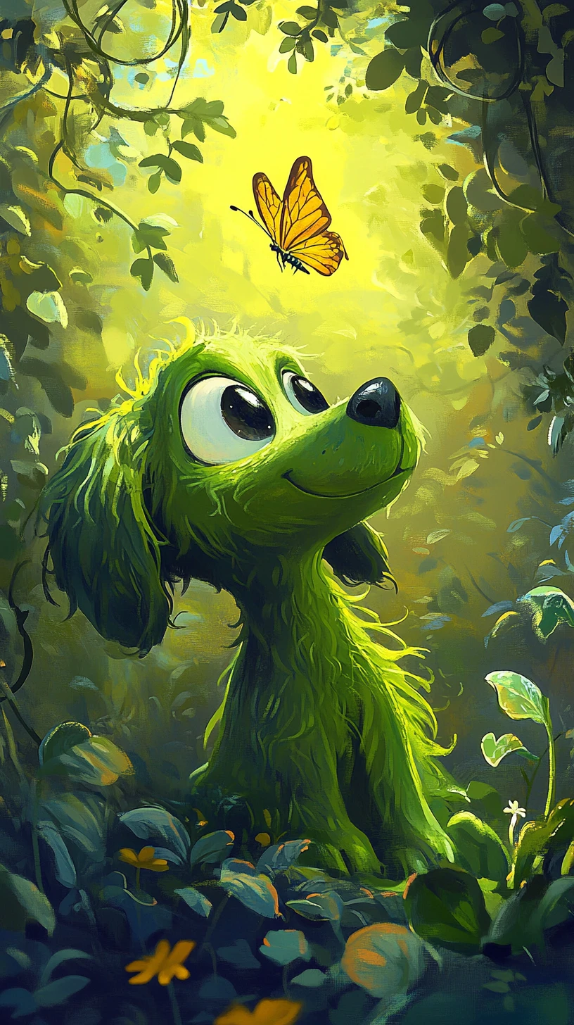 Cagnolino verde a cartone animato che guarda una farfalla in giardino