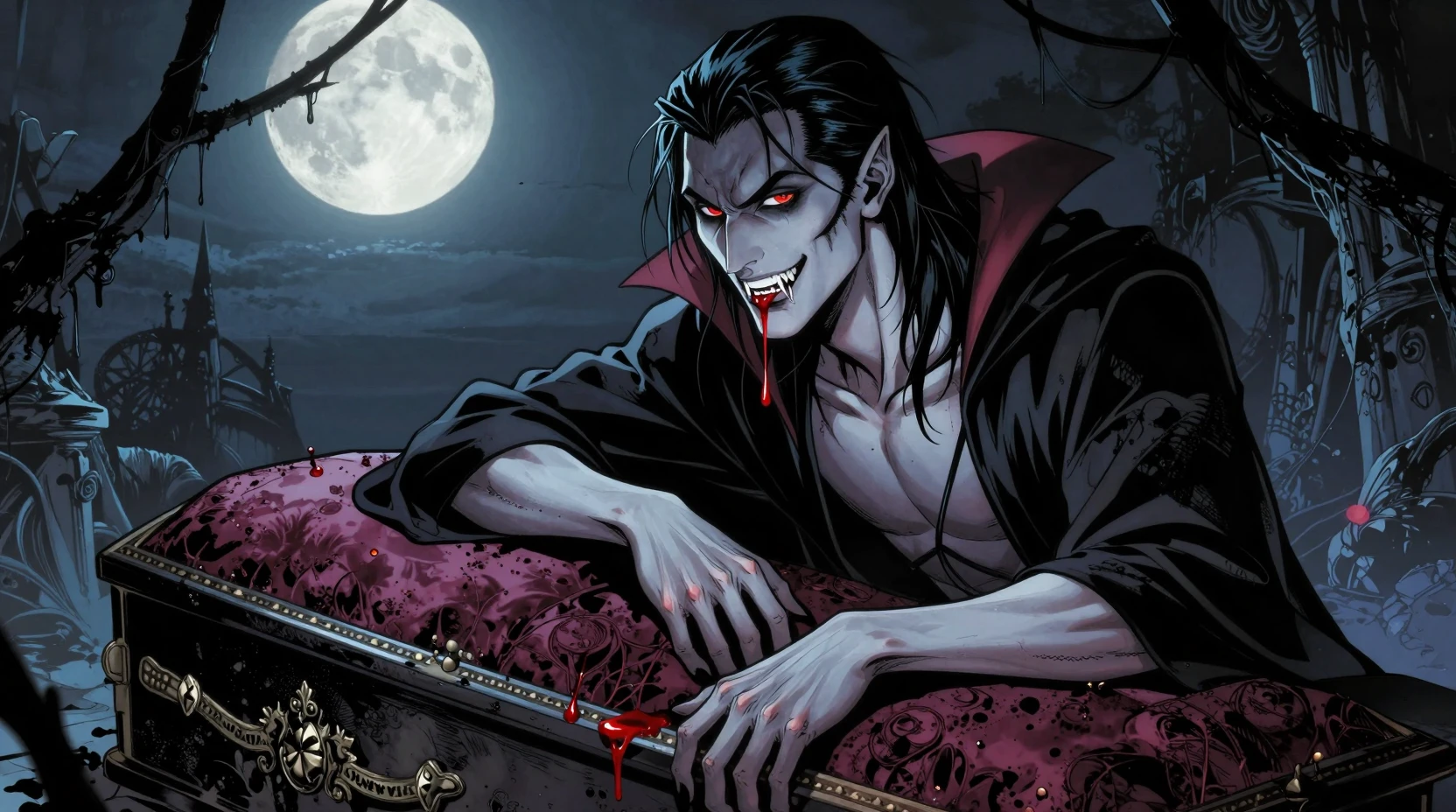 Vampiro pensativo sobre um caixão na escuridão ao luar