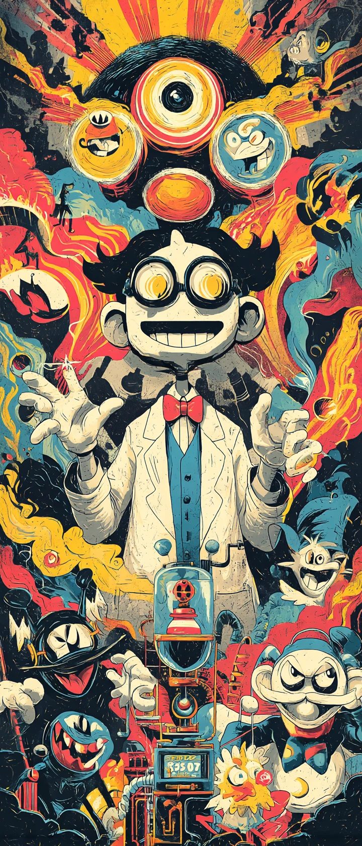 Inventor de anime cercado por gremlins caóticos em estilo cartoon rubberhose