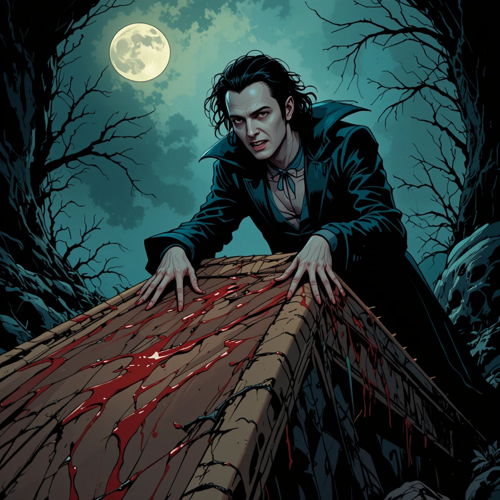 Vampiro pensativo sobre um caixão sob o frio luar