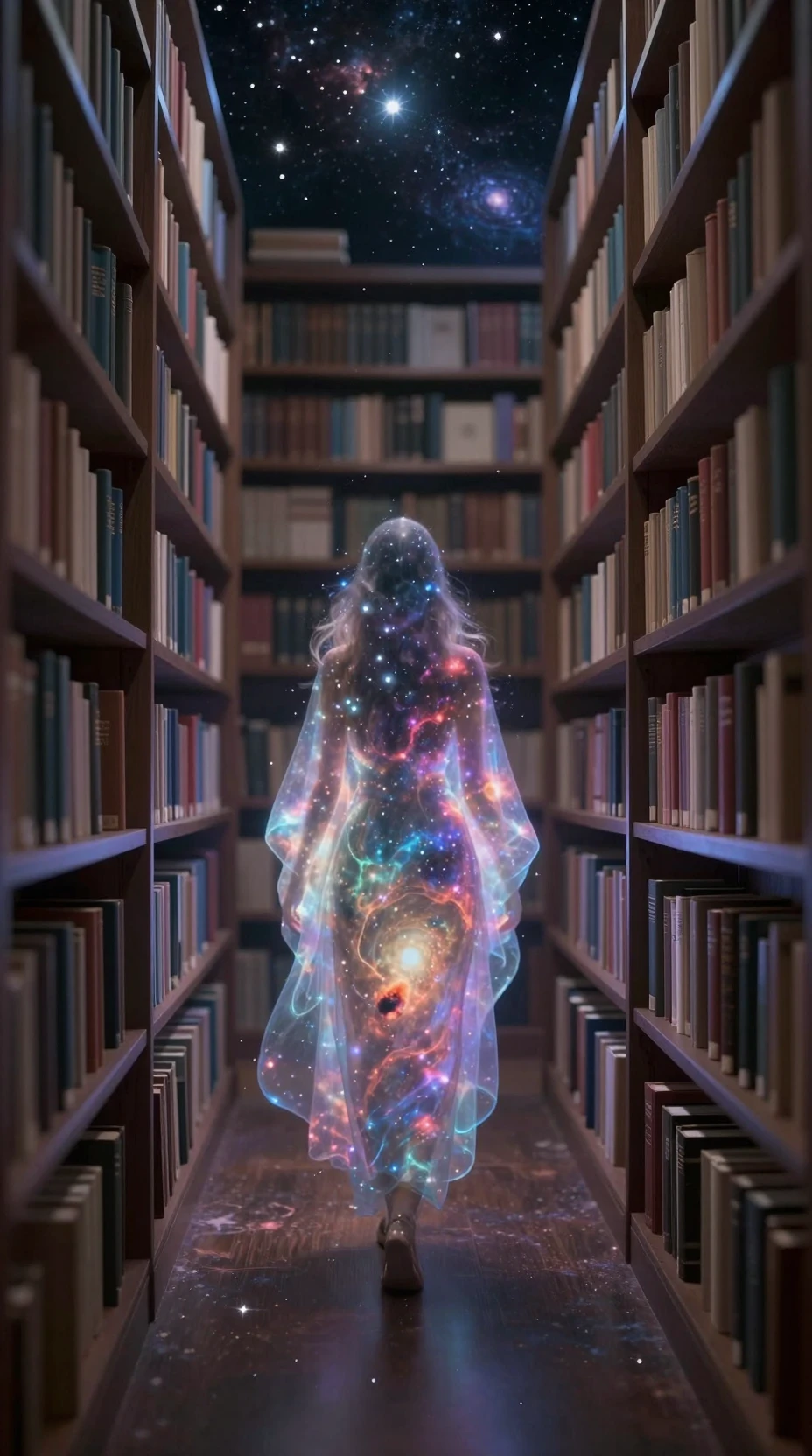 Bibliotecária espectral vagando por uma biblioteca cósmica etérea