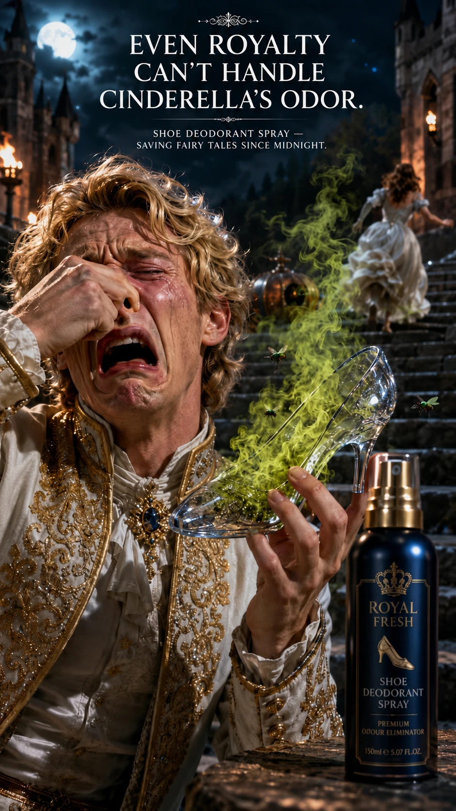 Principe che fa una smorfia davanti a una scarpetta di cristallo tossica sui gradini del castello