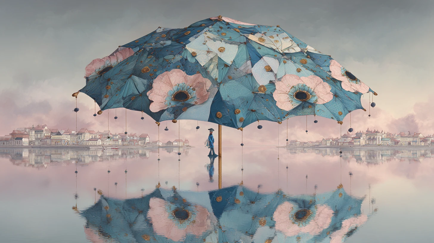 Surreal Floating Patchwork Umbrella Reflected Over Still Water