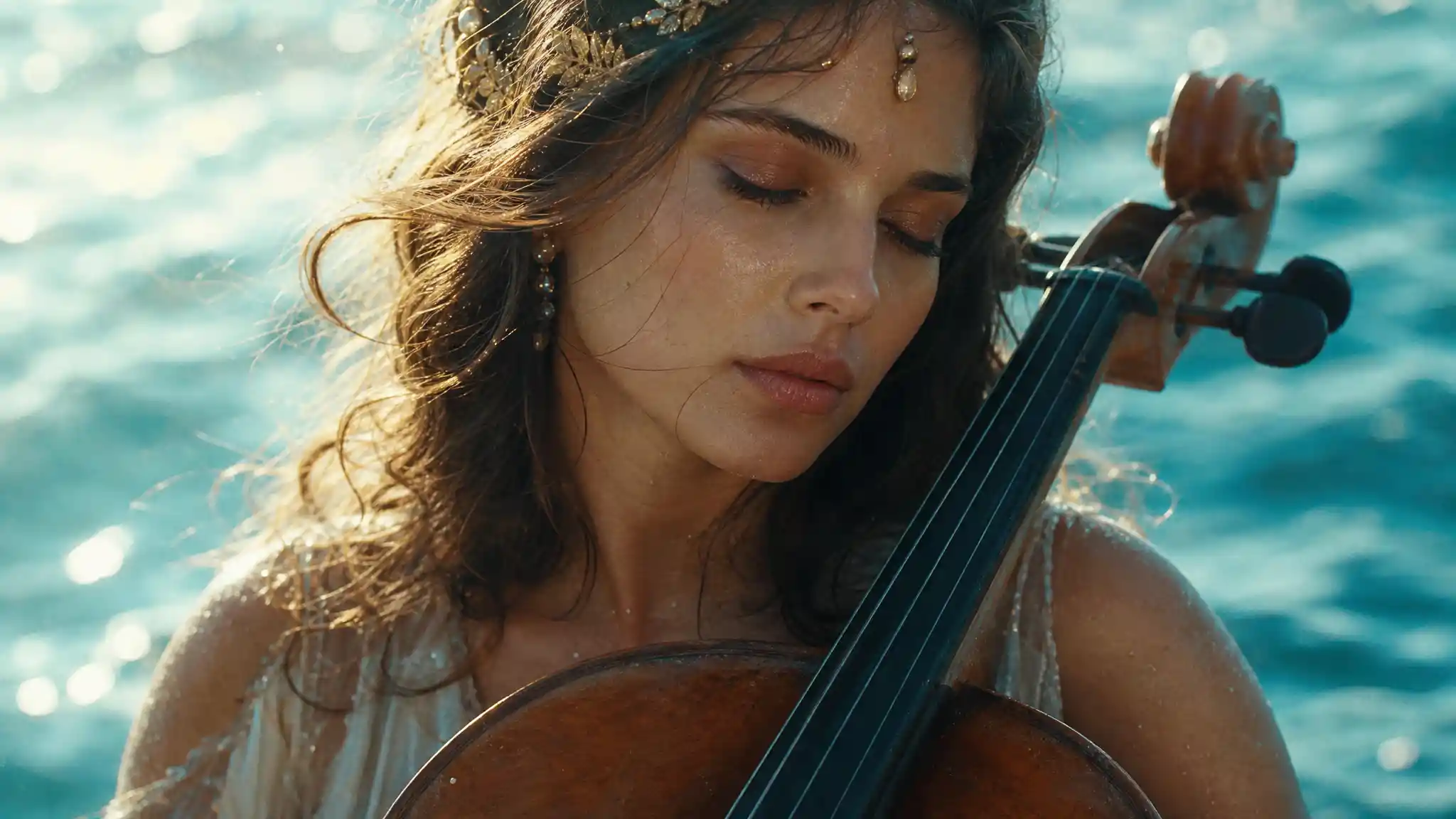 Serene sea goddess close up with cello and soft mist