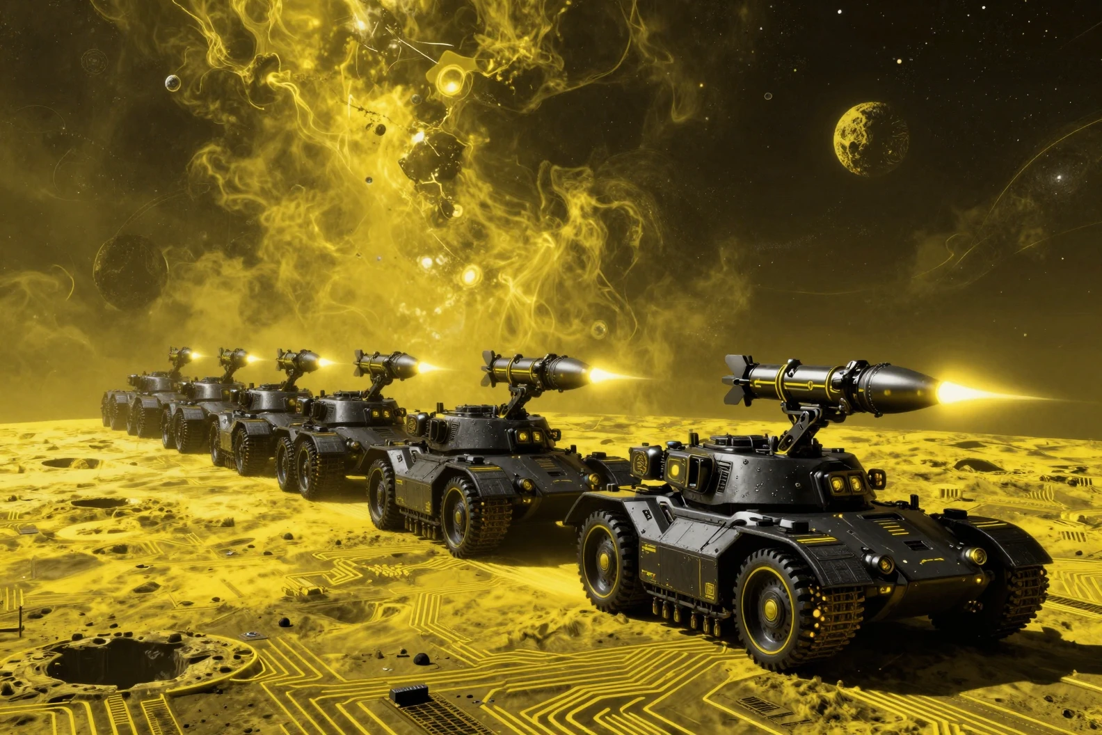 Tanques pretos futuristas disparando foguetes em uma lua alienígena amarela