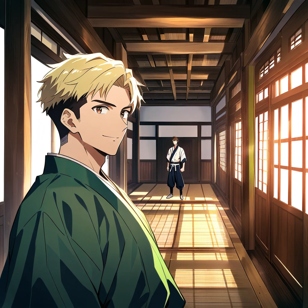 Homem de anime sorridente de quimono verde em um dojo vazio