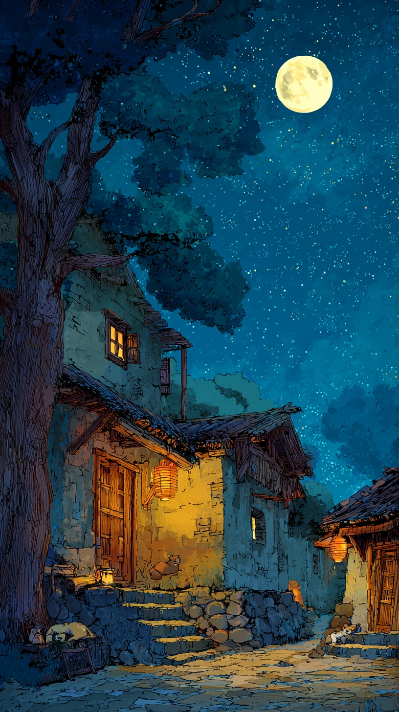 Tranquillo villaggio rurale di notte sotto una luminosa luna piena