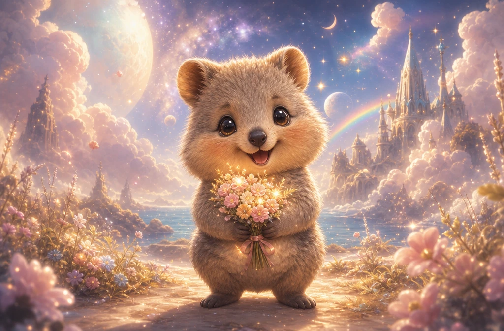 Adorable bébé quokka chibi tenant des fleurs pastel lumineuses