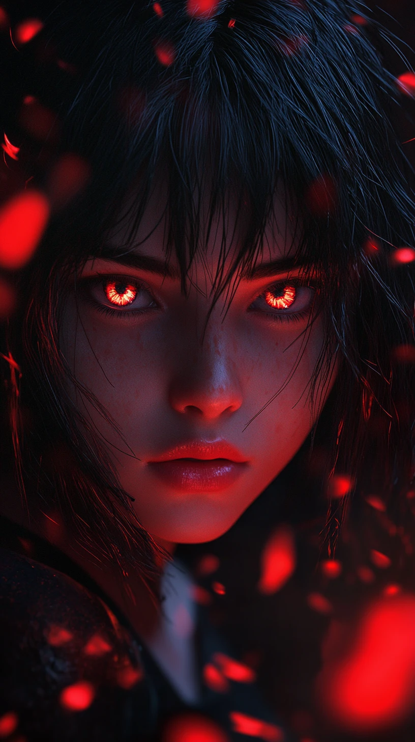 漂浮花瓣中的紅眼發光動漫少女