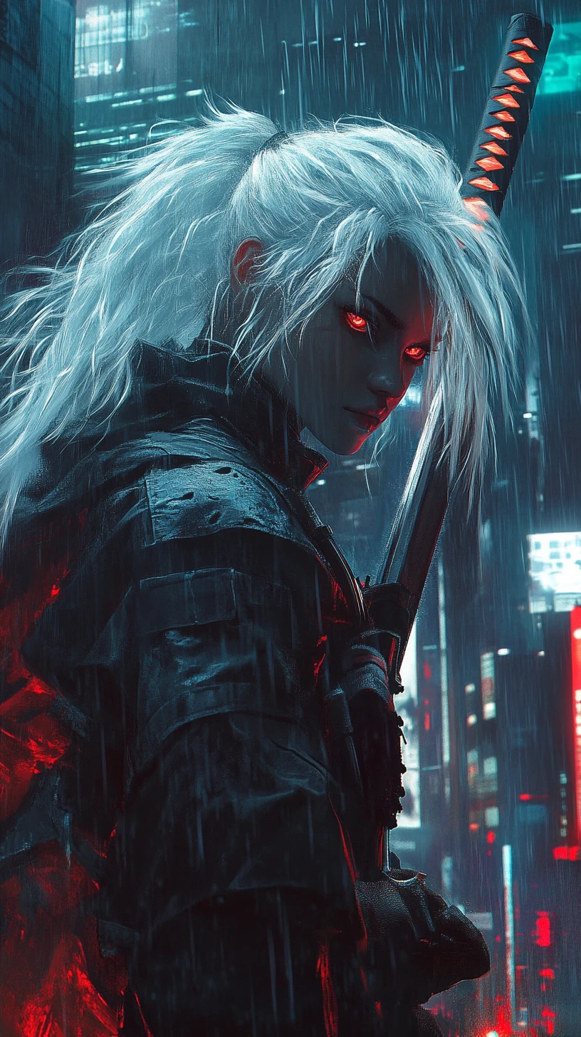 Cyberpunk-Kriegerin mit leuchtendem Katana im Regen