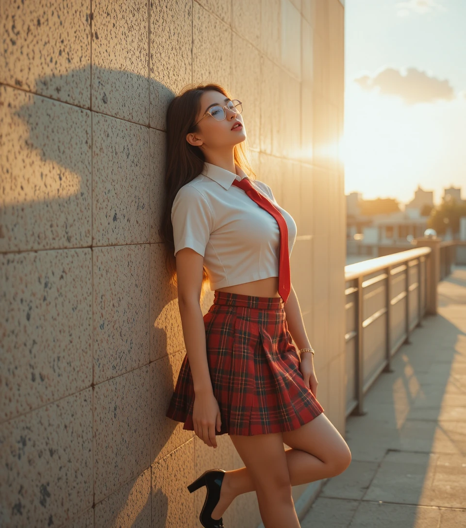 Jovem em uniforme escolar no terraço da cidade ao pôr do sol