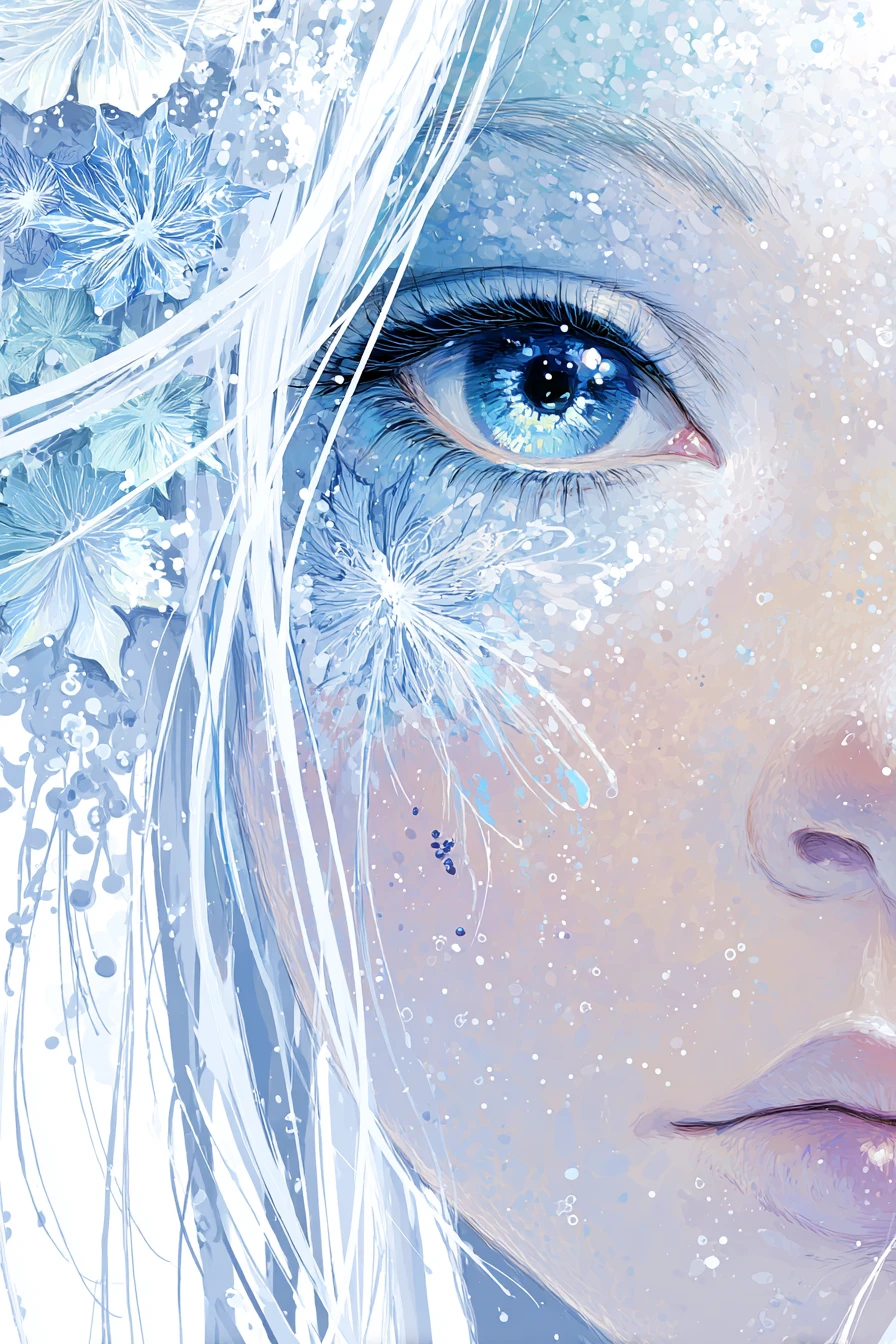Ragazza spirito della neve eterea con luminosi occhi blu ghiaccio