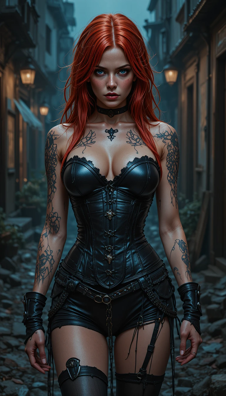 Rousse balafrée en corset noir dans une sombre rue gothique