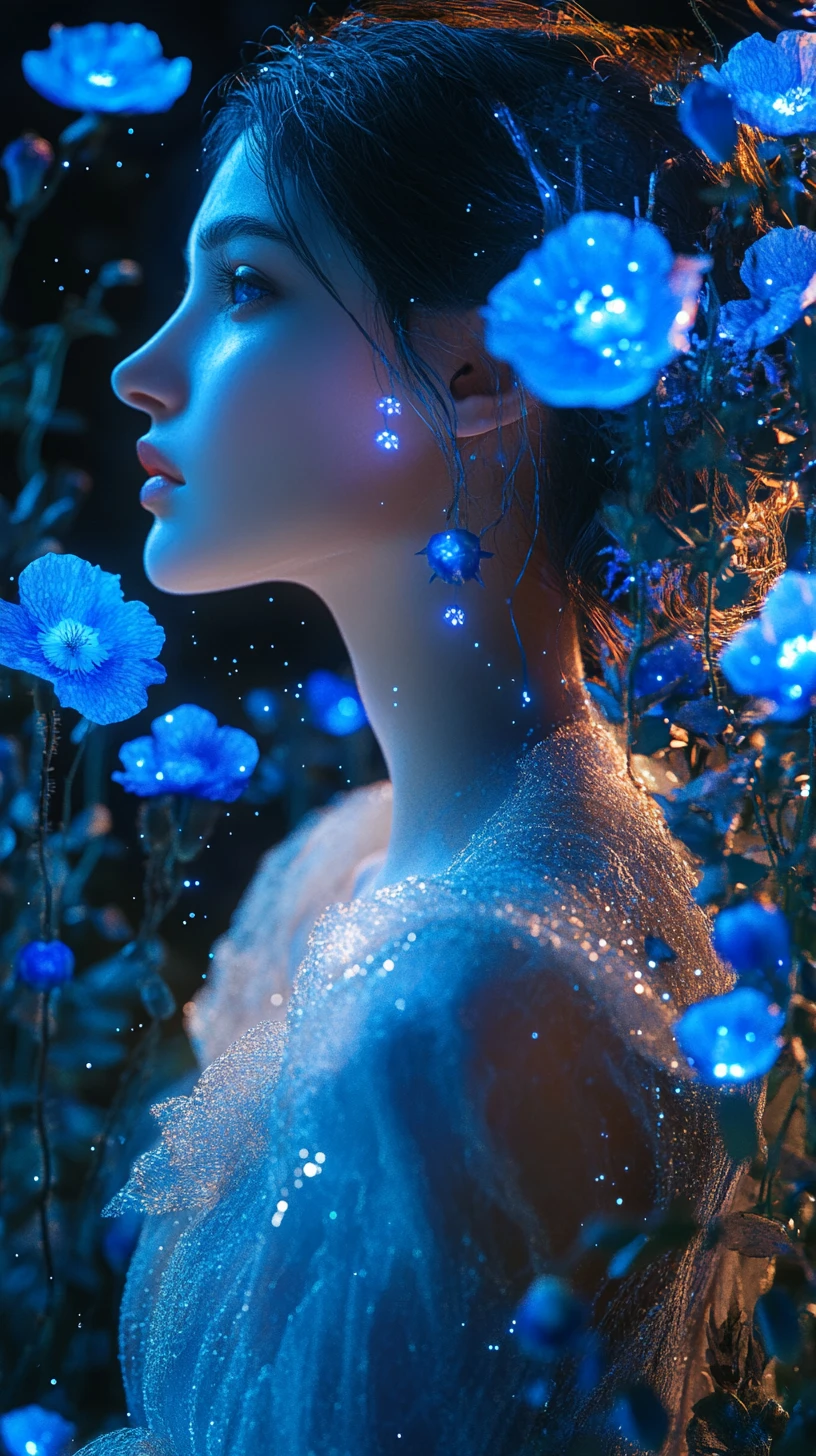 Elegant woman in glowing blue floral gown in fantasy garden