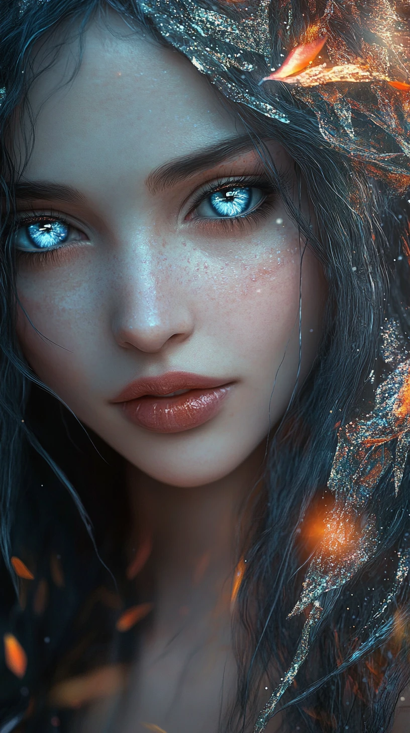 Femme fée éthérée aux yeux bleus lumineux et aux ailes glacées