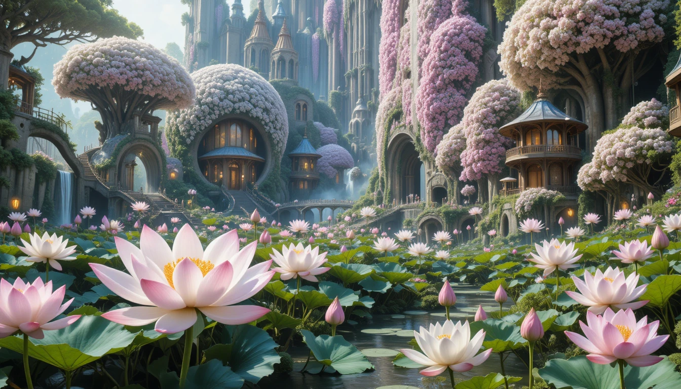 Vila Encantada de Lótus com Enormes Lagos de Lótus em Flor