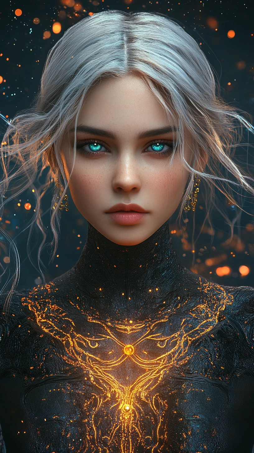 Mystical silver haired woman with glowing cosmic energy
