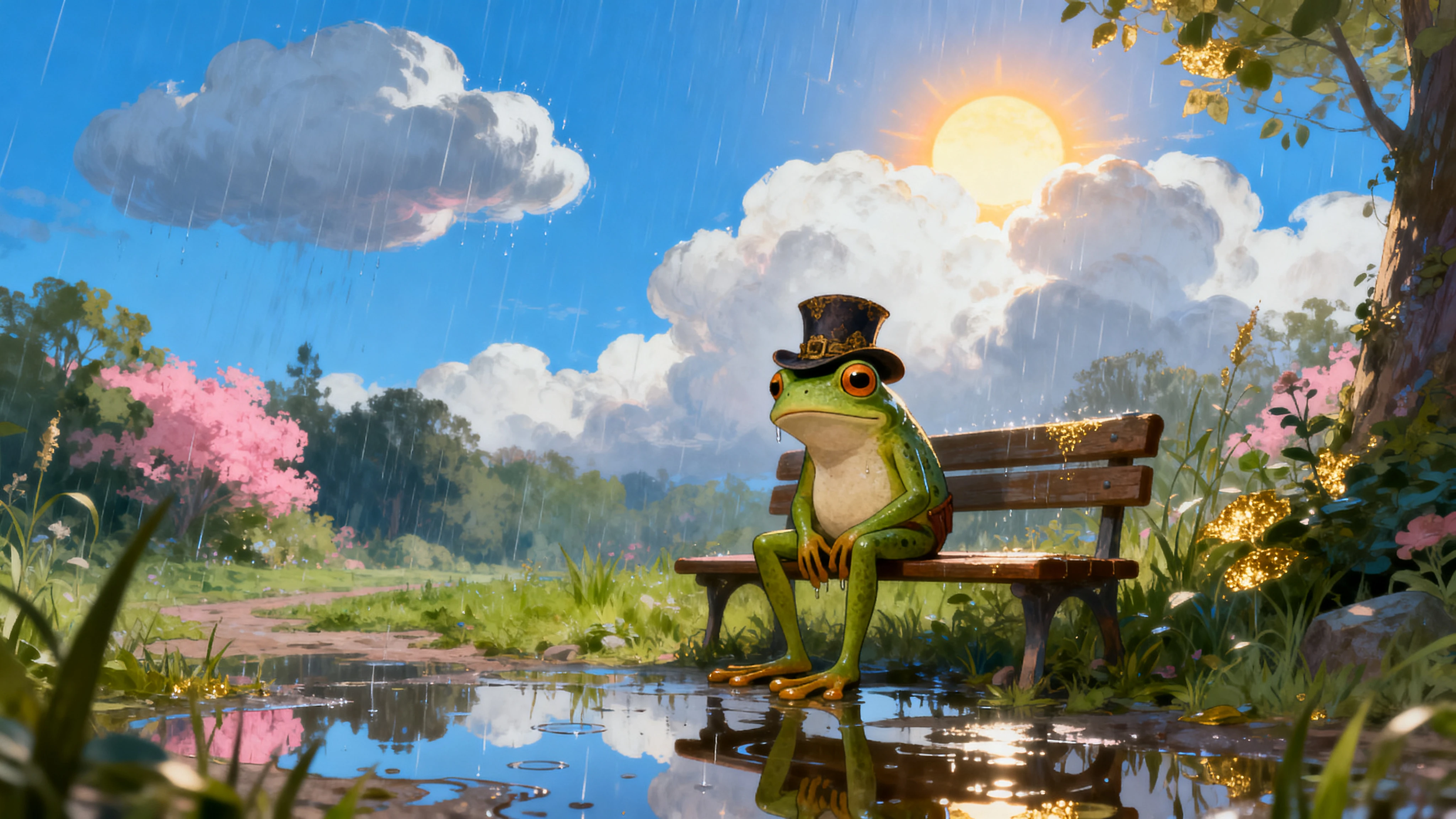 Trauriger Frosch mit Vintage-Hut auf einer regennassen Parkbank