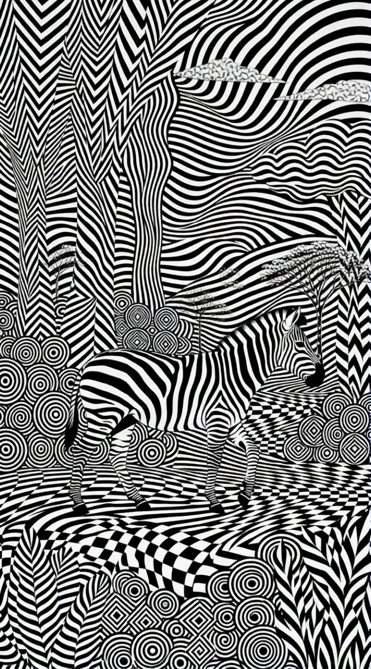 Zebra in einem monochromen Wald – Triptychon Op-Art-Szene