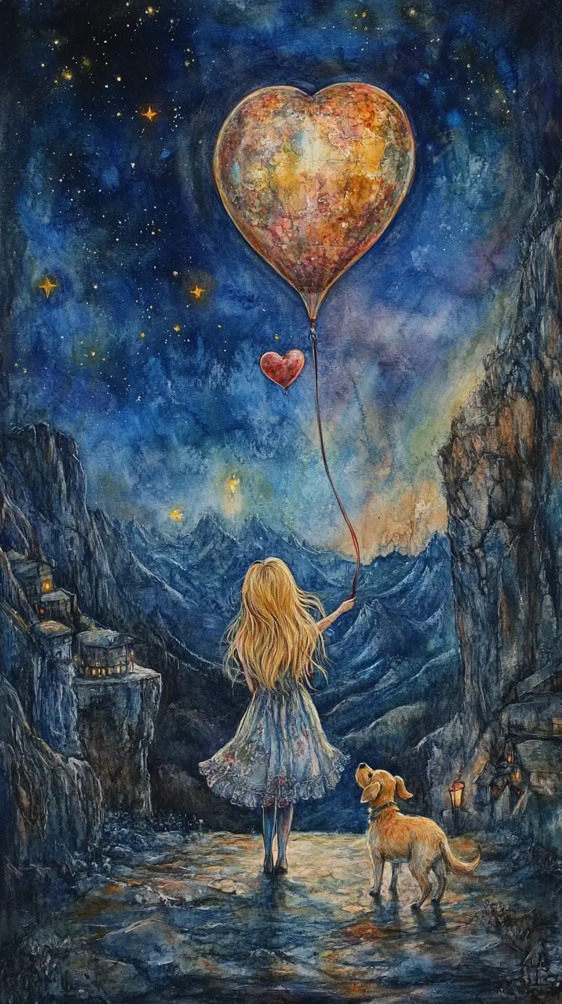 Blondes Mädchen mit ihrem Hund in einer nächtlichen Bergstraße