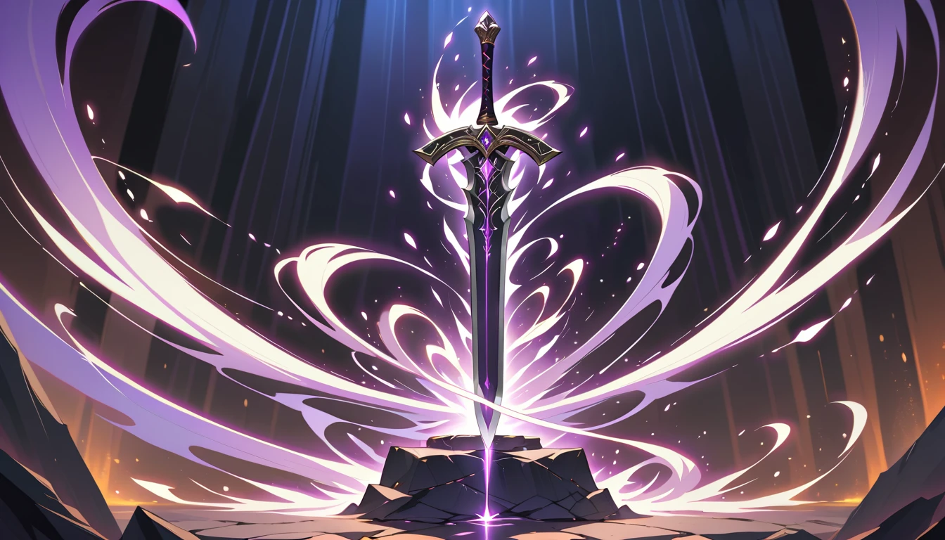 Espada lendária de fantasia brilhando com energia mágica violeta