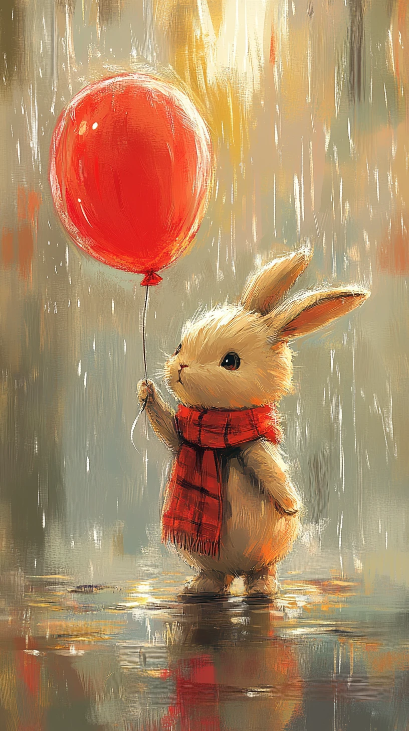 Coelhinho fofo com balão vermelho em uma poça de chuva