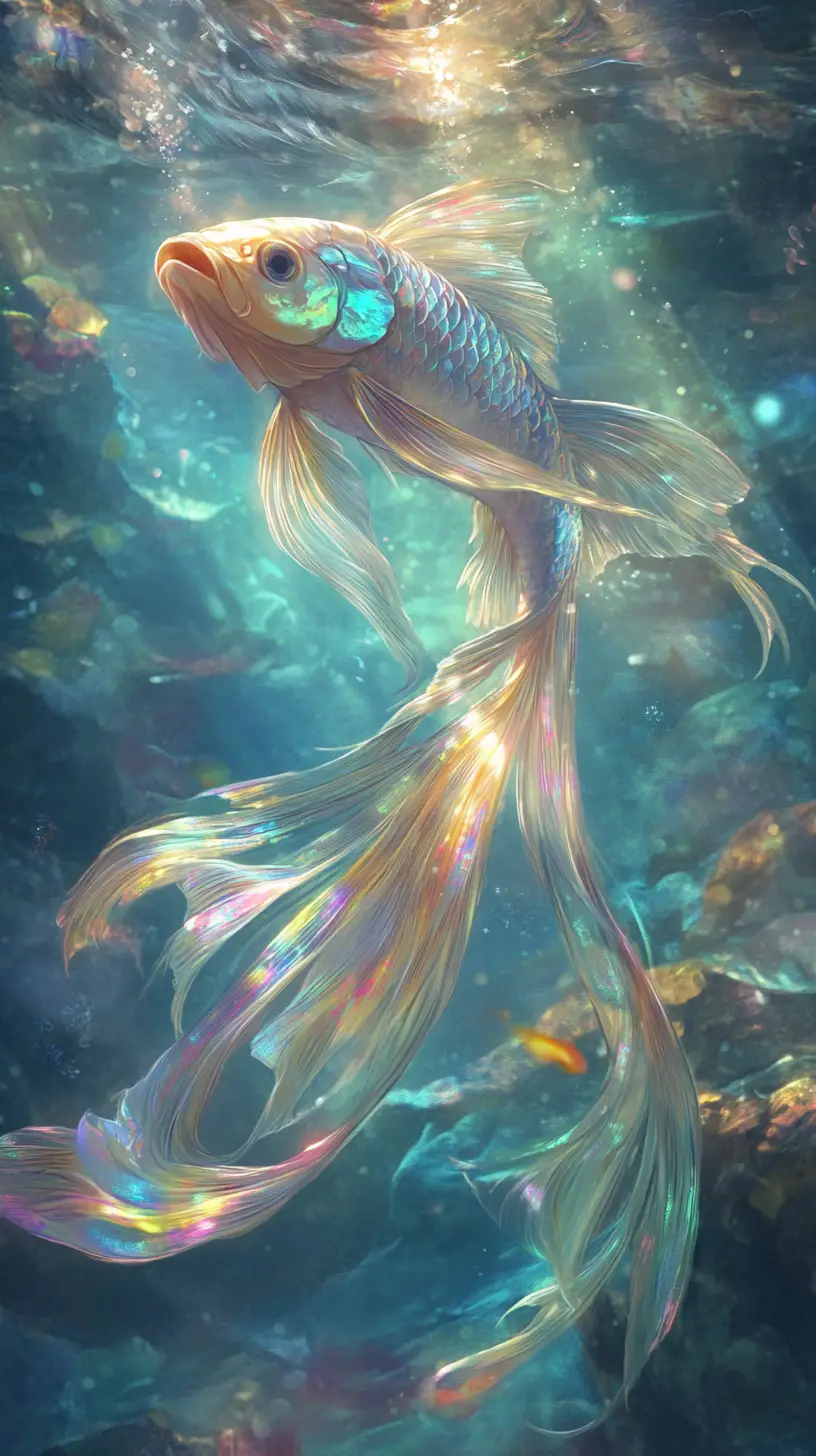 陽光照耀下藍色水中悠游的彩色飄逸魚兒