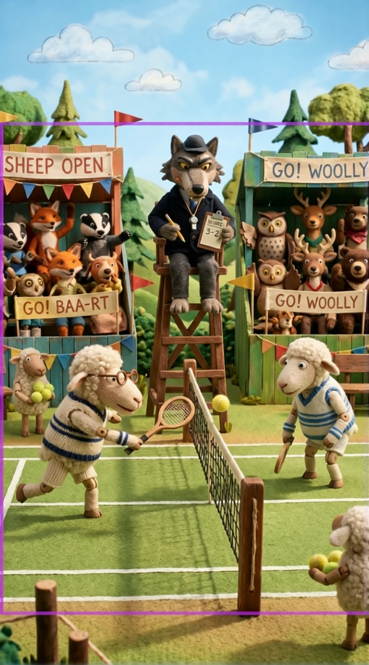 Partita di Tennis tra Pecore Antropomorfe con Lupo Arbitro