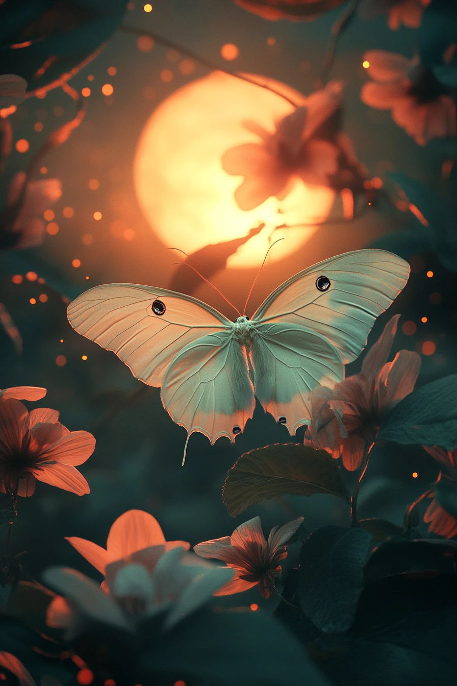 Mariposa-lua flutuando sob uma lua de verão inchada