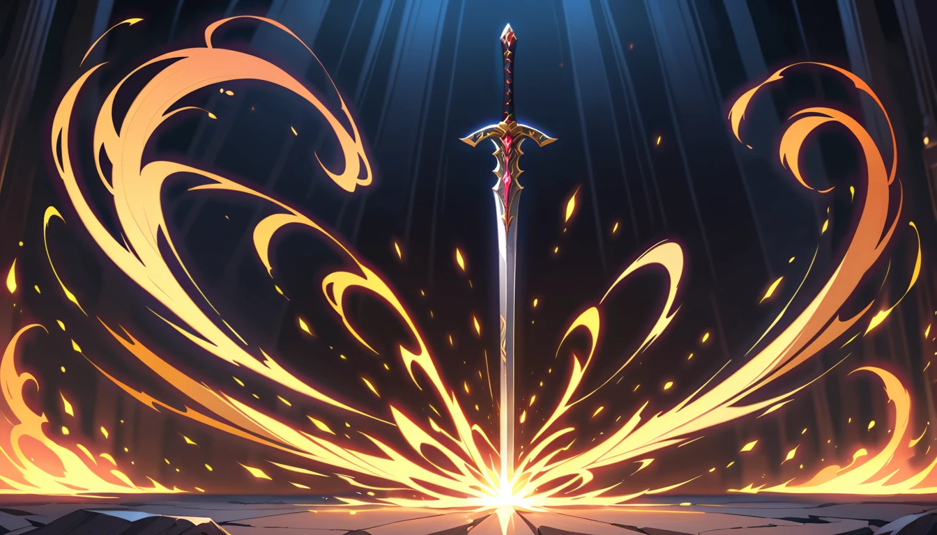 Espada lendária de fantasia em chamas com fogo mágico em espiral