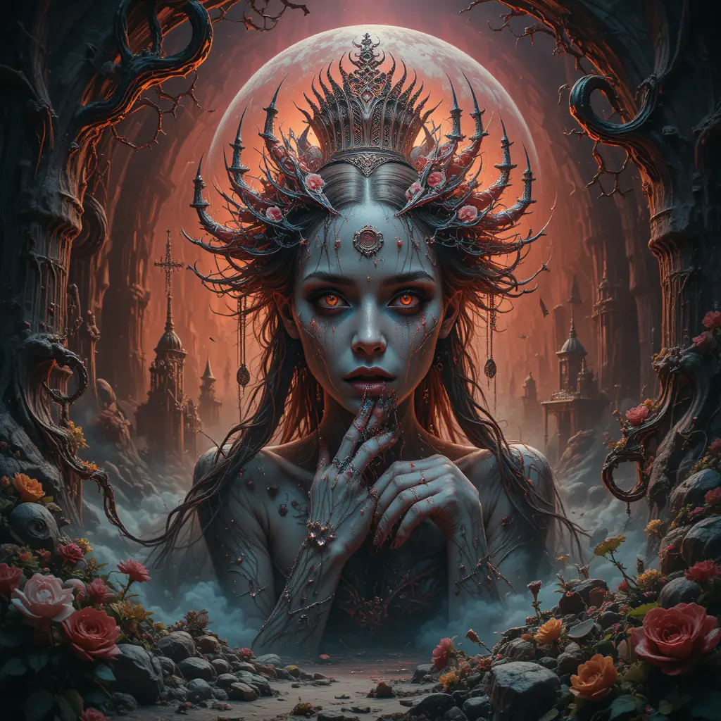 Verspielte Figuren in einer unheimlichen Fantasy-Landschaft Illustration